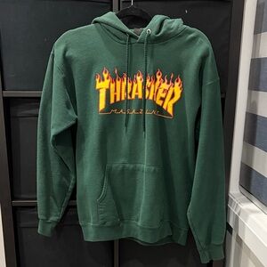 Thrasher Forest Green Hoodie with Flame Design